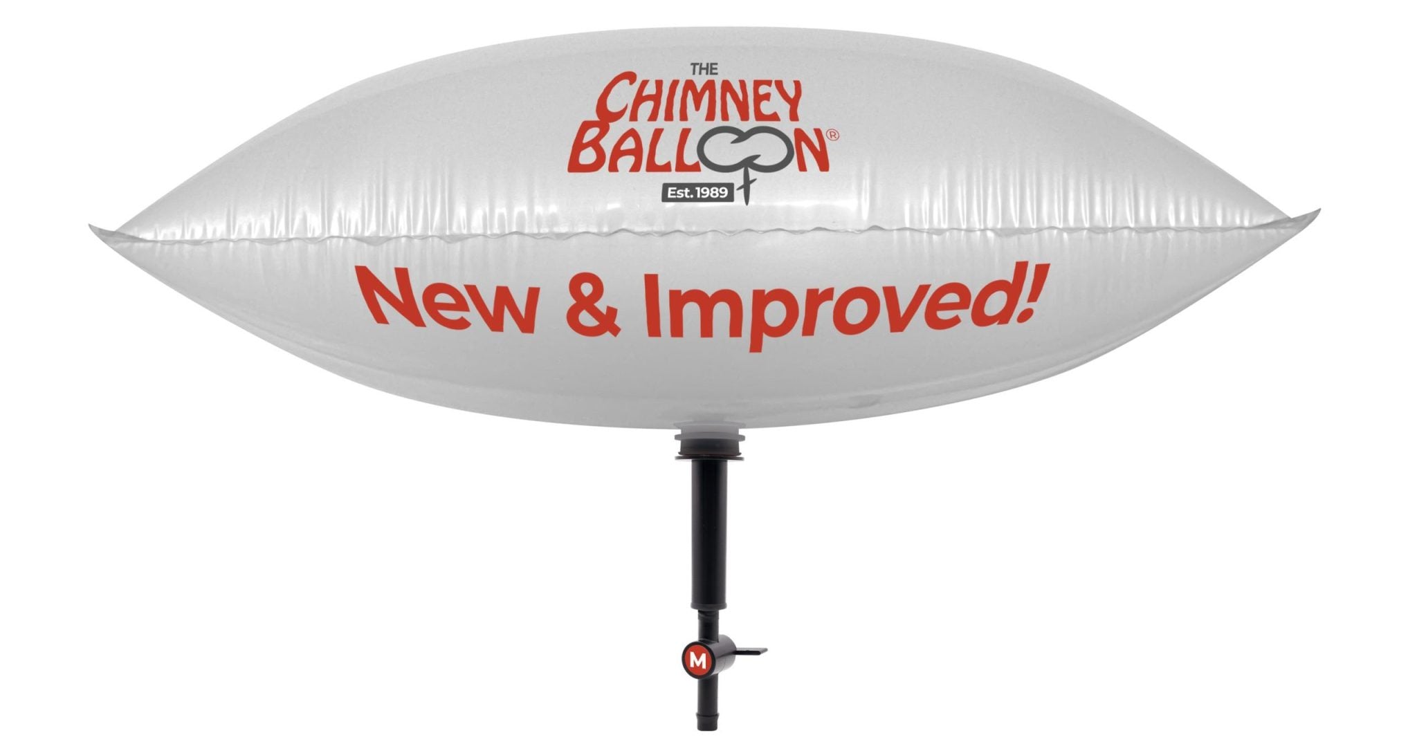 An inflatable white chimney ball with red printed text reading 'The Chimney Ballon' and 'New & Improved!' on a black support pole, shown against a plain white background.