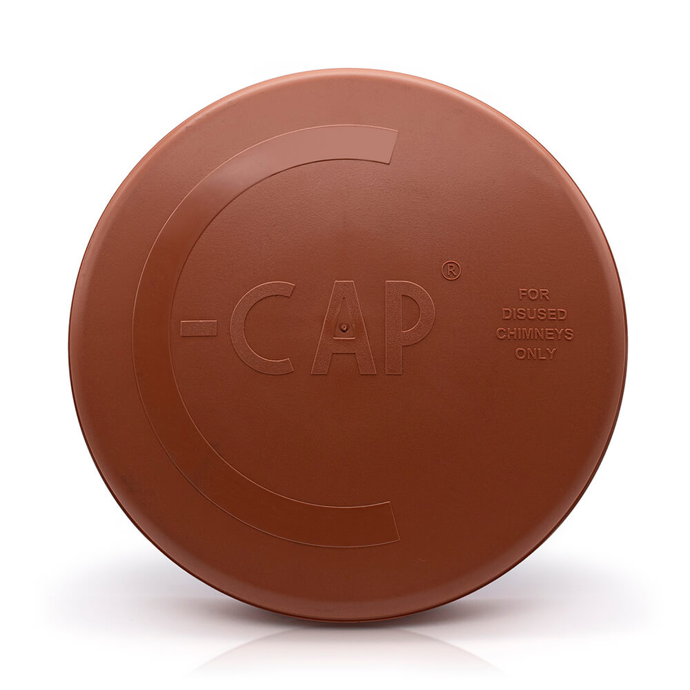 A round terracotta-colored Chimney Cap with embossed branding and text, shown on a clean white background.