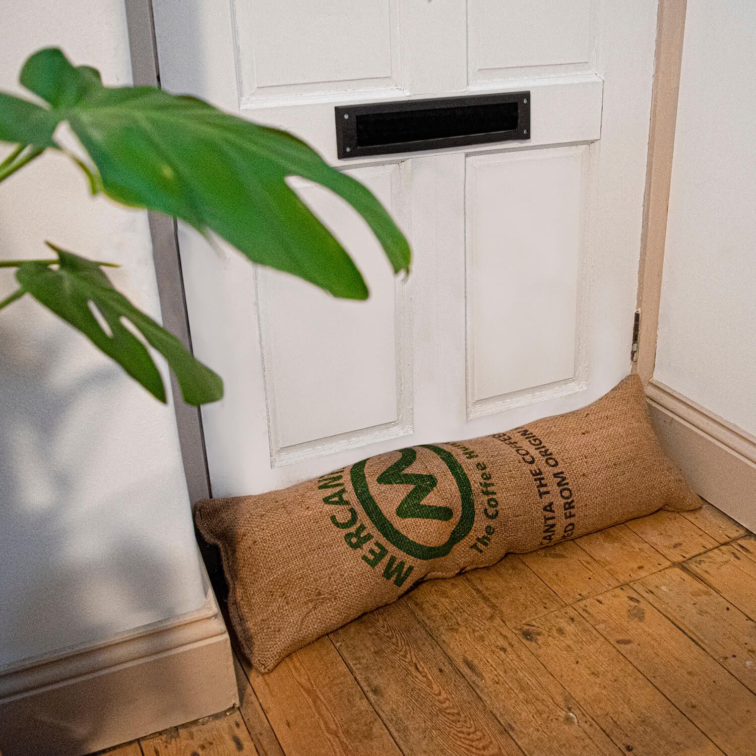 Coffee Sack Hessian Door Draught Excluder in place behind door