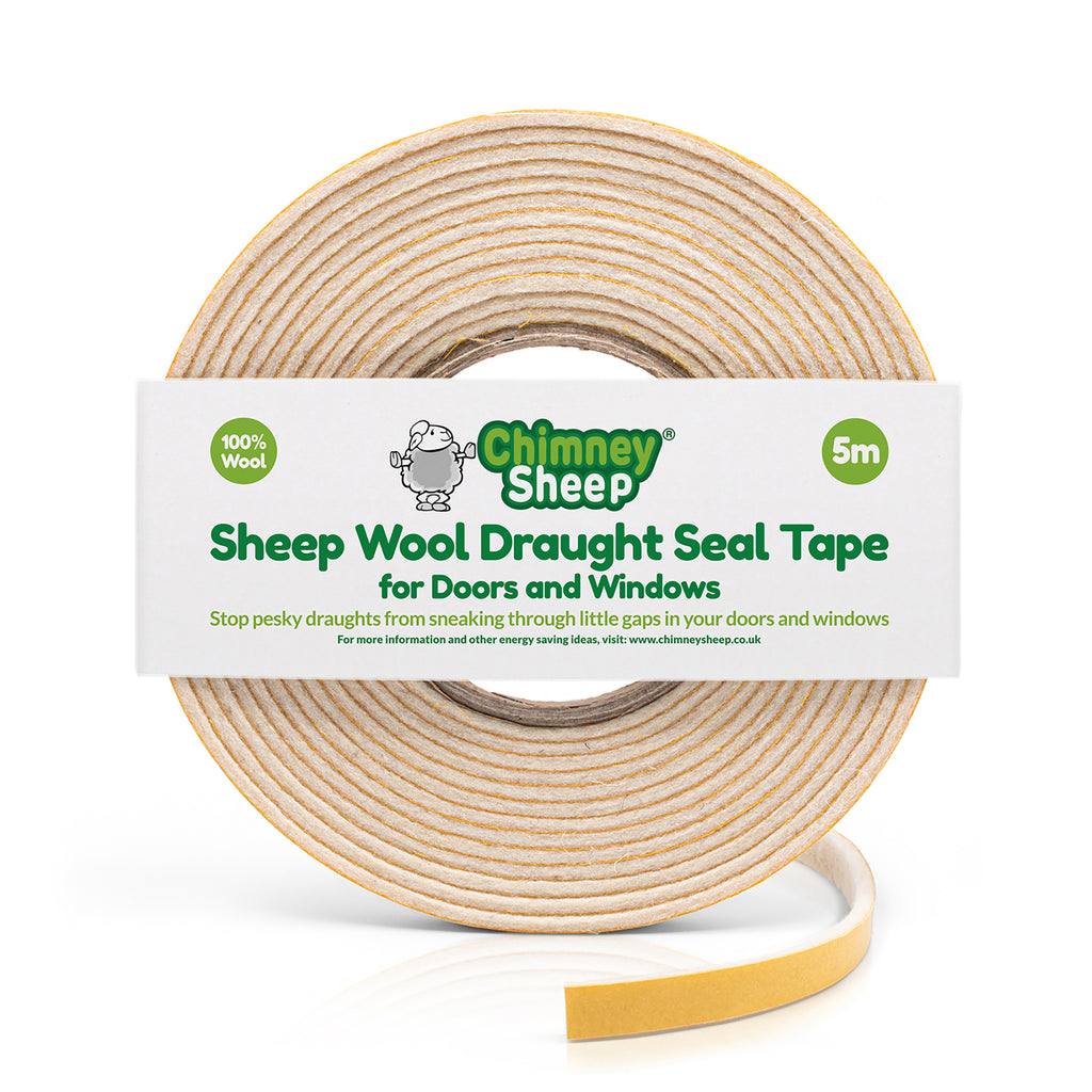 A roll of Chimney Sheep Sheep Wool Draught Seal Tape for doors and windows, shown on a clean white background with a yellow backing strip visible on the bottom right.