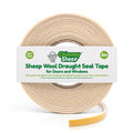 A roll of Chimney Sheep Sheep Wool Draught Seal Tape for doors and windows, shown on a clean white background with a yellow backing strip visible on the bottom right.