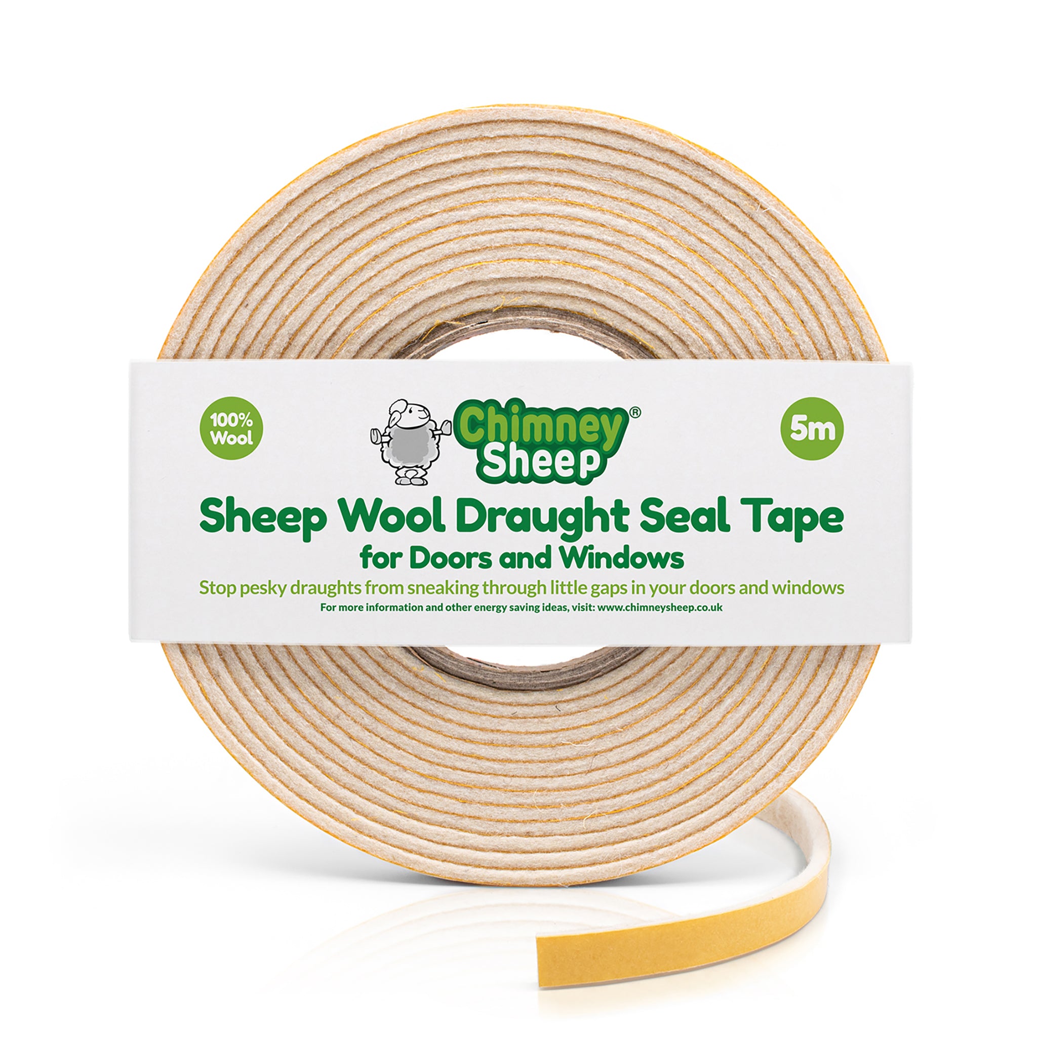 A roll of Chimney Sheep Sheep Wool Draught Seal Tape for doors and windows, shown on a clean white background with a yellow backing strip visible on the bottom right.