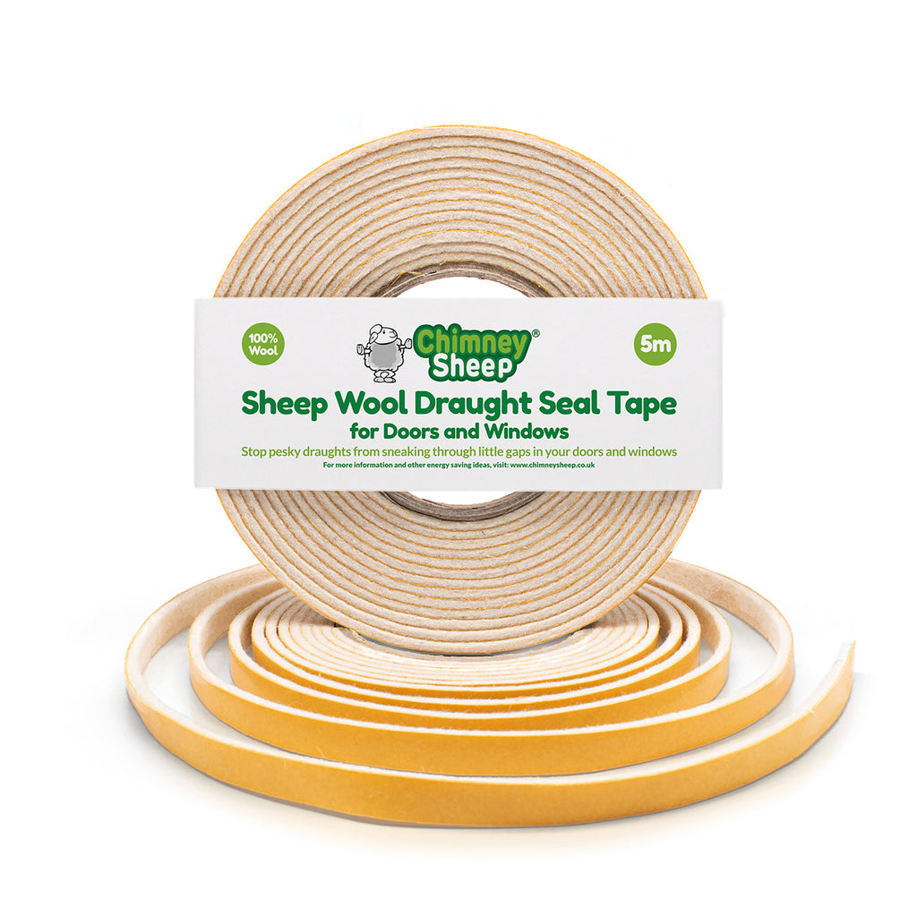 A roll of Chimney Sheep Sheep Wool Draught Seal Tape for doors and windows, shown in a clean studio shot with a white background and a second roll partially unrolled in front.