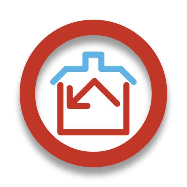 A circular icon featuring a red prohibition-style border with a house outline in red and light blue, centered on a white background with a soft drop shadow.