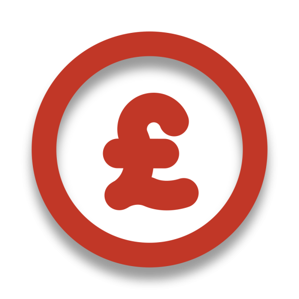 A red circular icon with a pound sterling symbol in the center, shown on a white background with a soft drop shadow.