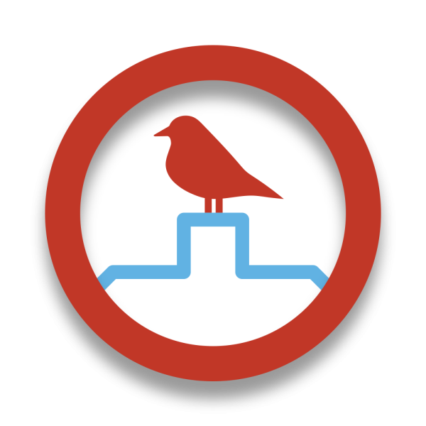 A circular red prohibition-style icon with a red bird standing on a light blue step, centered on a white background with a soft drop shadow.