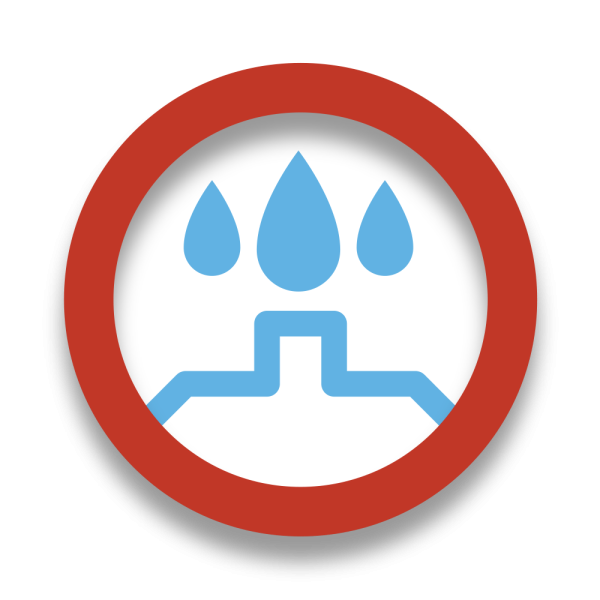 A circular red prohibition-style icon with a white center, featuring three blue water droplets above a light blue pipe or faucet shape, shown on a white background with a soft drop shadow.