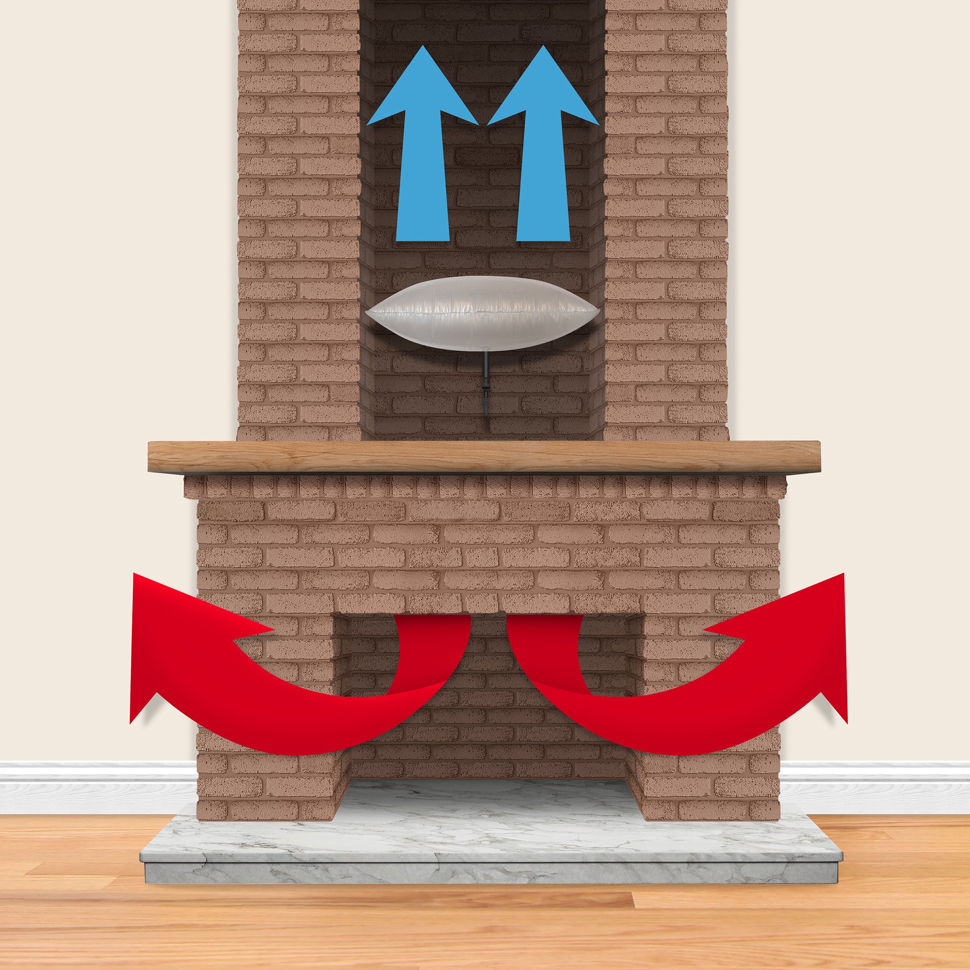 A diagram-style illustration of a fireplace with blue upward arrows in the top opening and red curved arrows around the base, indicating airflow or heat circulation. The fireplace has a brick surround, wood mantel, gray marble-like base, and is shown against a plain beige wall and wood floor.
