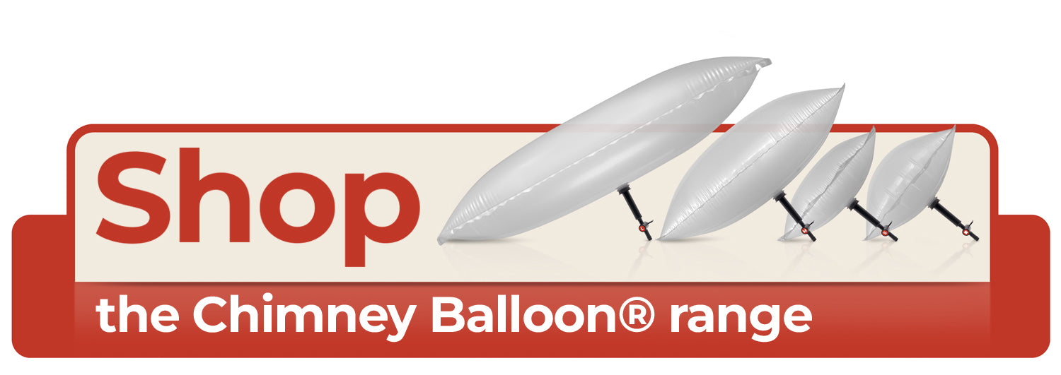 A promotional banner with the text 'Shop the Chimney Balloon range' on a red and cream background, alongside four white inflatable balloon chimney shapes on a white backdrop.