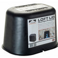 A black plastic Loft Lid Downlight Protector fitted over a light fixture, with a white product label showing the Loft Lid brand and installation details.
