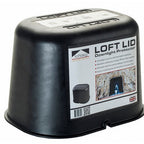 A black plastic Loft Lid Downlight Protector fitted over a light fixture, with a white product label showing the Loft Lid brand and installation details.