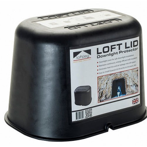 A black plastic Loft Lid Downlight Protector fitted over a light fixture, with a white product label showing the Loft Lid brand and installation details.