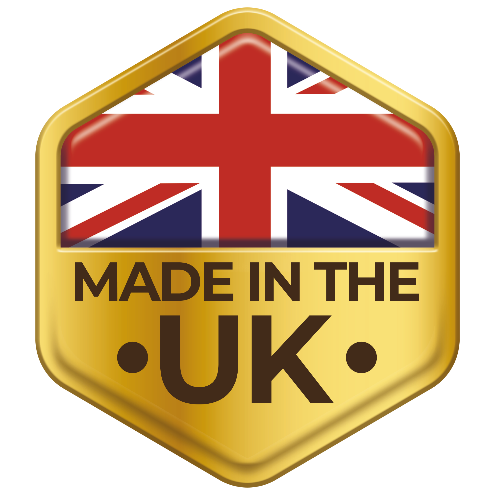 A gold hexagonal badge with rounded corners featuring the Union Jack flag at the top and the text 'MADE IN THE UK' in dark brown lettering below, shown on a plain white background.