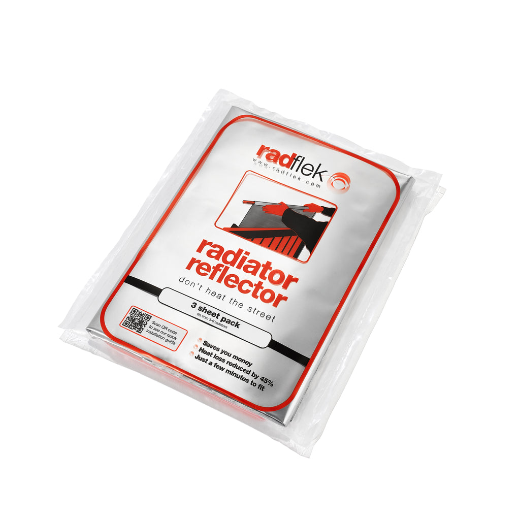 A packaged 3-sheet pack of Radflek Radiator Reflector sheets, shown in a clear plastic bag with a white and red label on a clean white background.