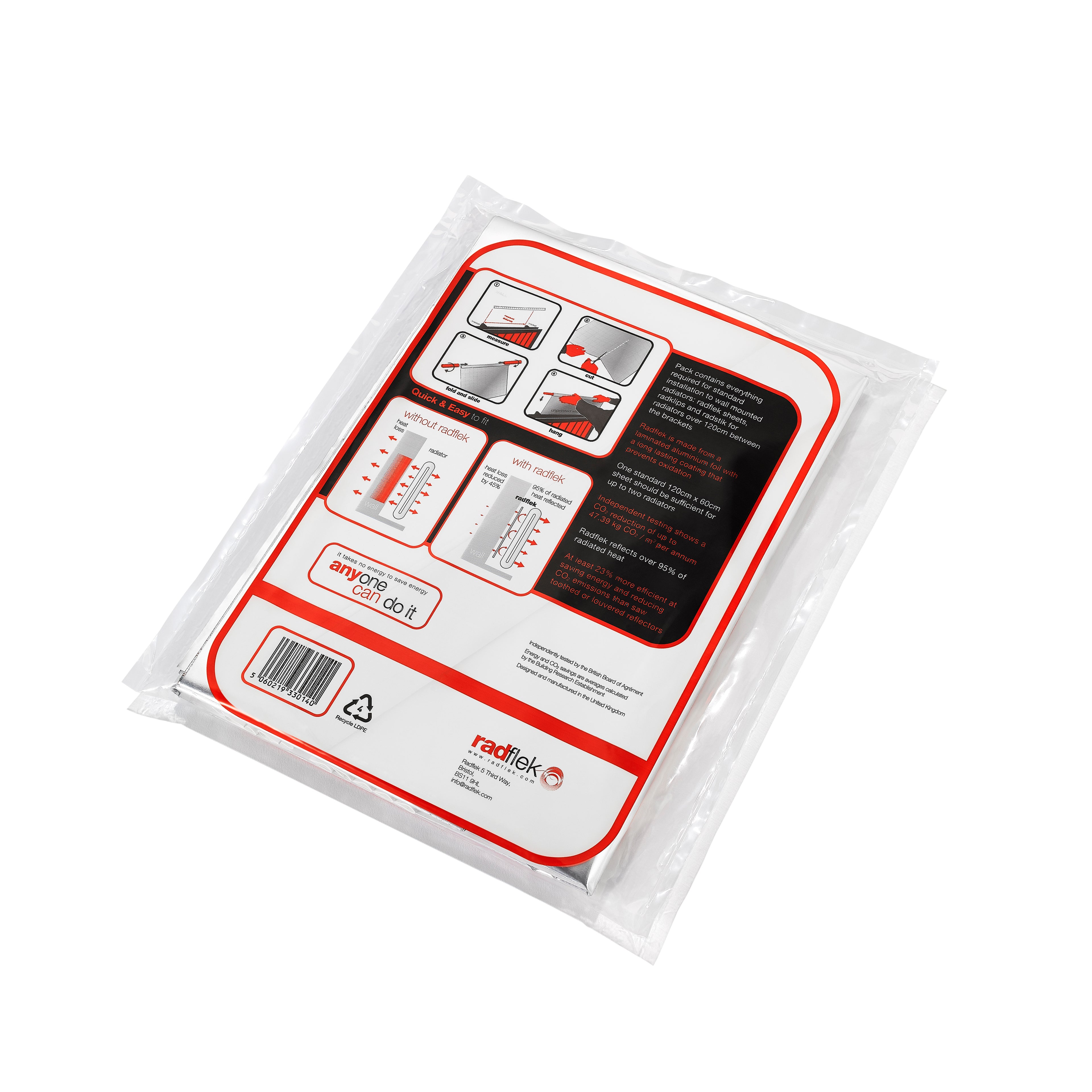 A packaged product shown from the back, sealed in a clear plastic bag. The label has a white background with red border lines, small instructional diagrams, measurement charts, and the Radilek brand name near the bottom.
