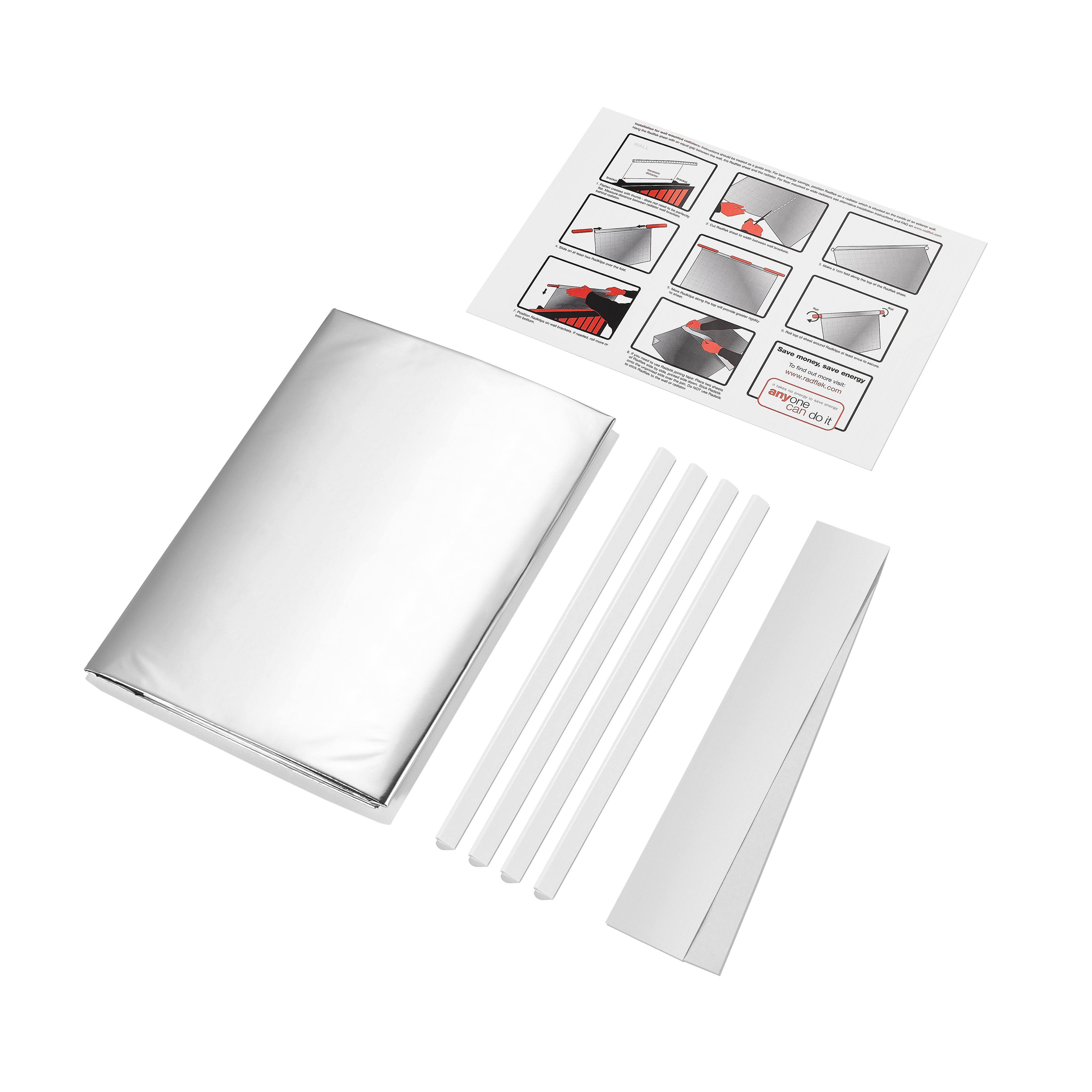 A silver radiator heat reflector shown with several white adhesive strips and an instruction sheet displaying step-by-step application directions, all arranged on a plain white background.