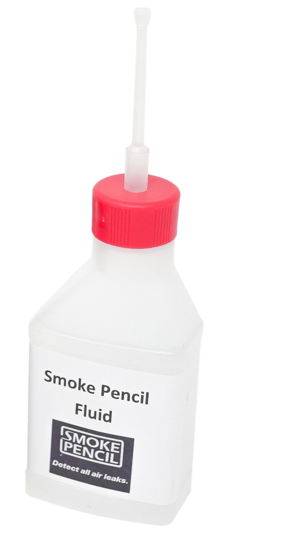 A small white bottle of Smoke Pencil Fluid with a red cap and a clear nozzle, shown on a plain white background.