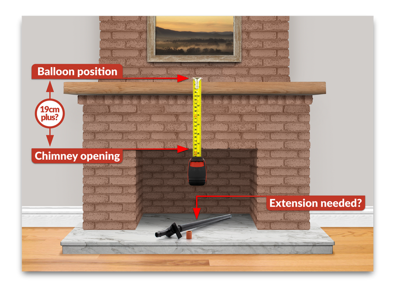 An instructional diagram showing a brick chimney with a yellow tape measure hanging from the mantel, labeled for balloon position, chimney opening, and extension needs, with a sword on the hearth.