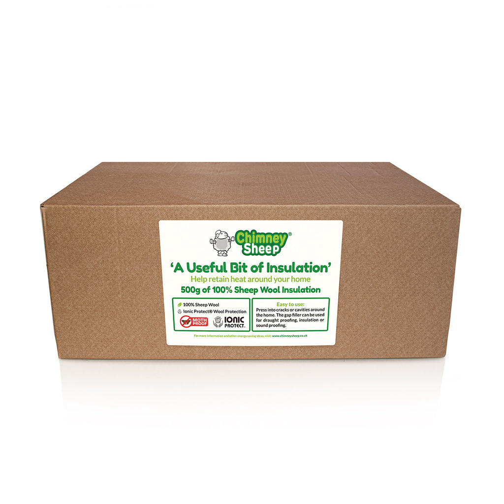 A brown cardboard box for Chimney Sheep 'A Useful Bit of Insulation' 500g of 100% Sheep Wool Insulation, shown on a white background with a soft reflection.