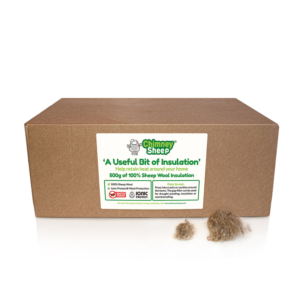 A brown cardboard box with a white label reading Chimney Sheep 'A Useful Bit of Insulation' and '500g of 100% Sheep Wool Insulation,' shown on a white background with two small tufts of wool in front.