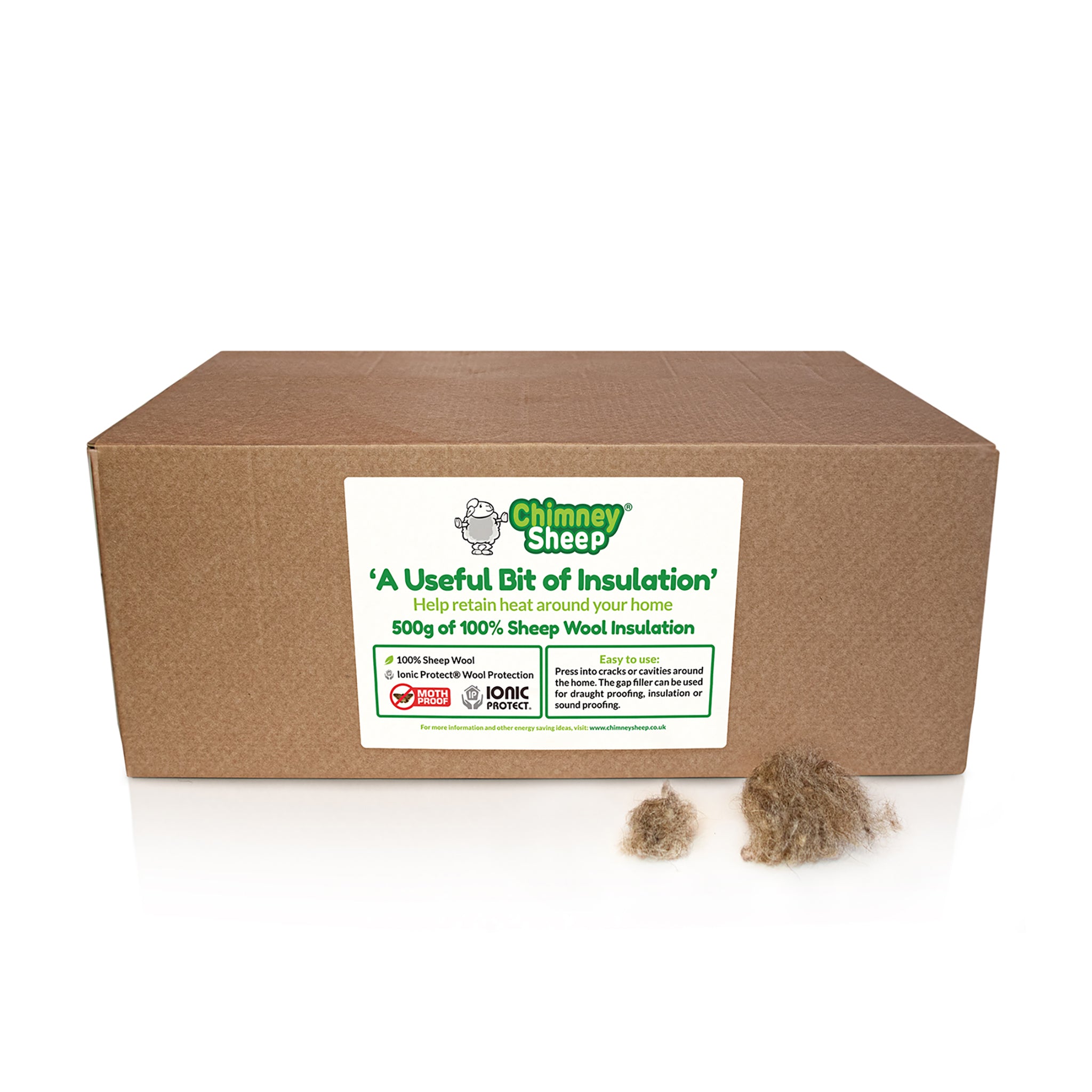 A brown cardboard box with a white label reading Chimney Sheep 'A Useful Bit of Insulation' and '500g of 100% Sheep Wool Insulation,' shown on a white background with two small tufts of wool in front.