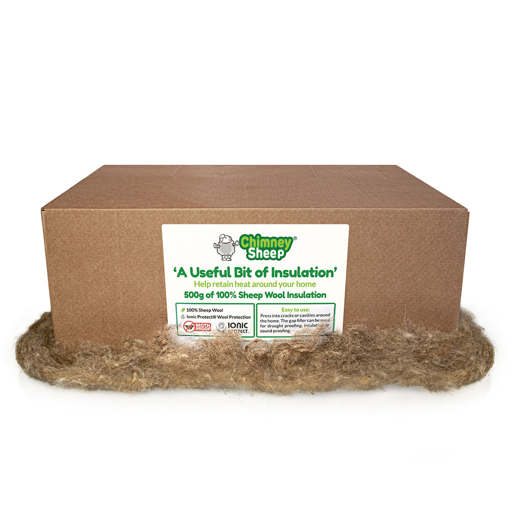 A brown cardboard box of Chimney Sheep 'A Useful Bit of Insulation' filled with sheep wool, displayed on a white background with the wool visible at the base.