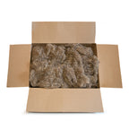 Open brown cardboard box filled with fluffy grey-brown insulation, photographed on a clean white background.