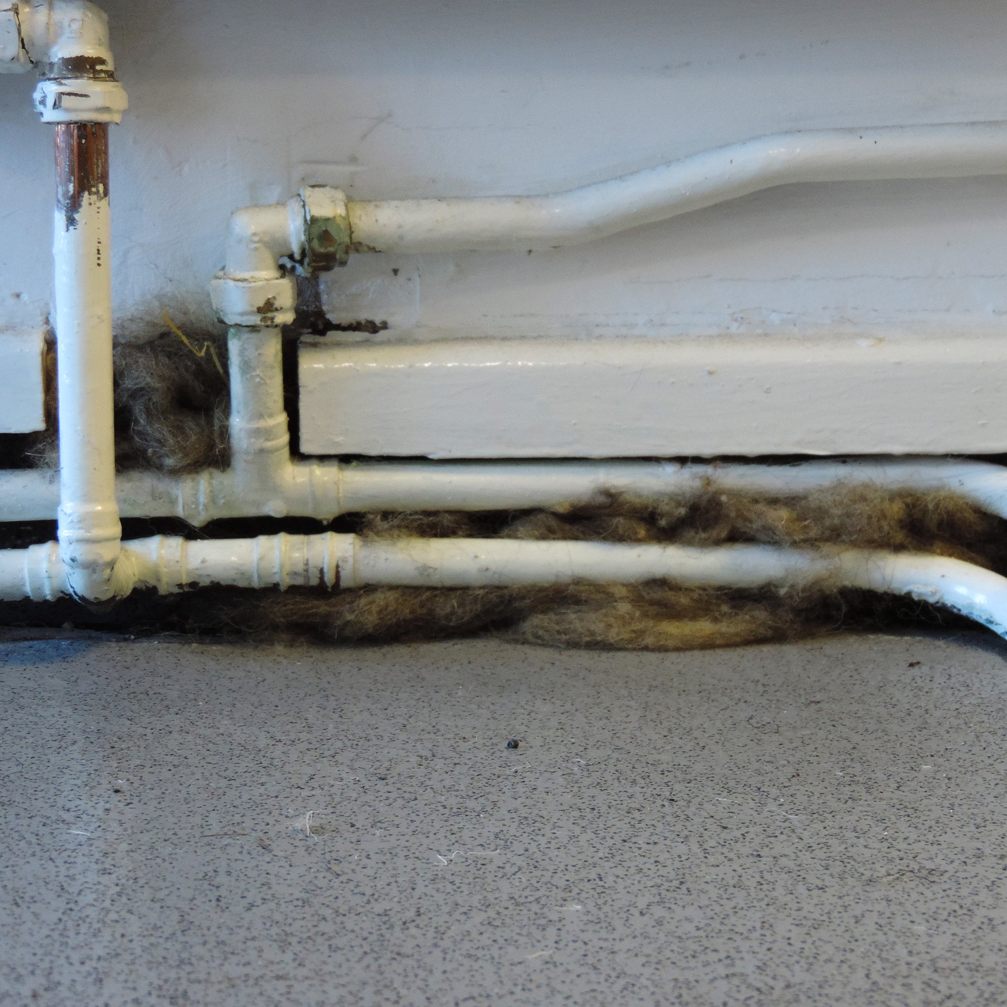White PVC plumbing pipes installed along the base of a white wall above a grey speckled floor, with a thick layer of dark brown and grey wool insulation pushed between the pipes.